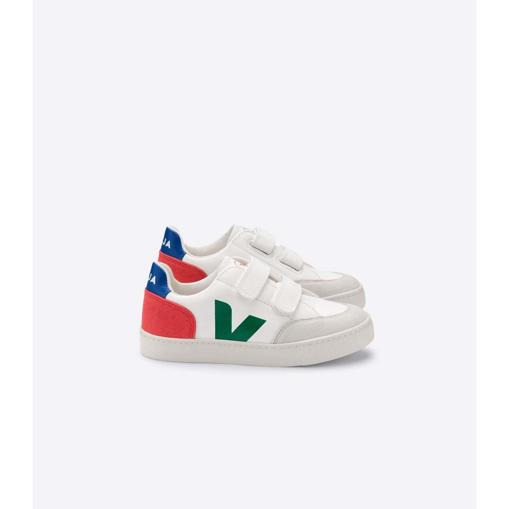 Kids\' Veja V-12 LEATHER Sneakers White/Green/Red | SG 875CTV